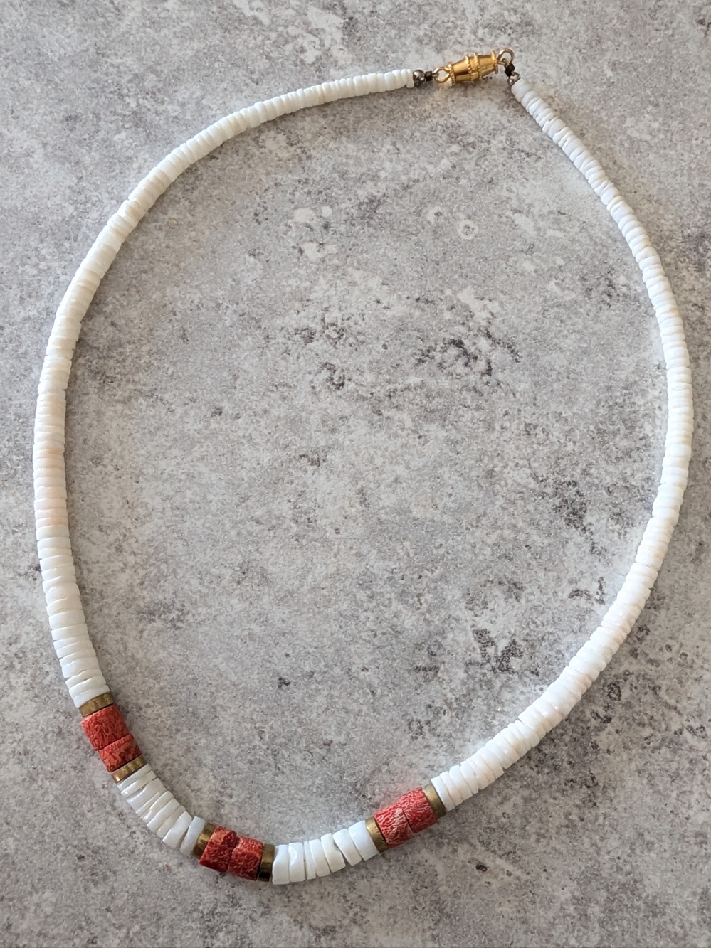 White Heishi Bead Necklace with Coral And Brass Accents
